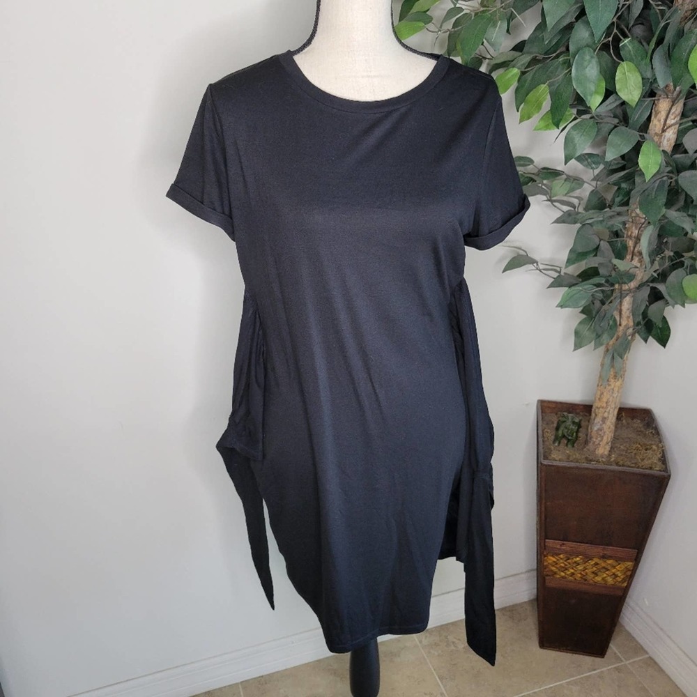 NEW Black Solid Round Neck Self Tie Bodycon Dress - Picture 7 of 10